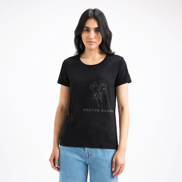 Women Luxury T-shrit Flower Design Black Colour